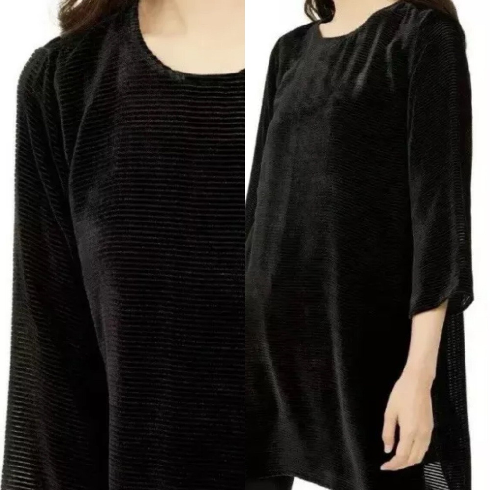 Eileen Fisher Velvet Burnout Lines Black Preppy Classic Tunic Top $338 Sz L
